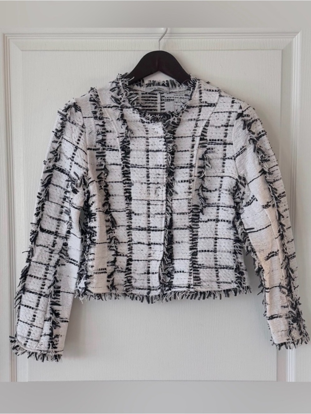 Lola & Sophie Black and White Woven Fringe Crop Blazer